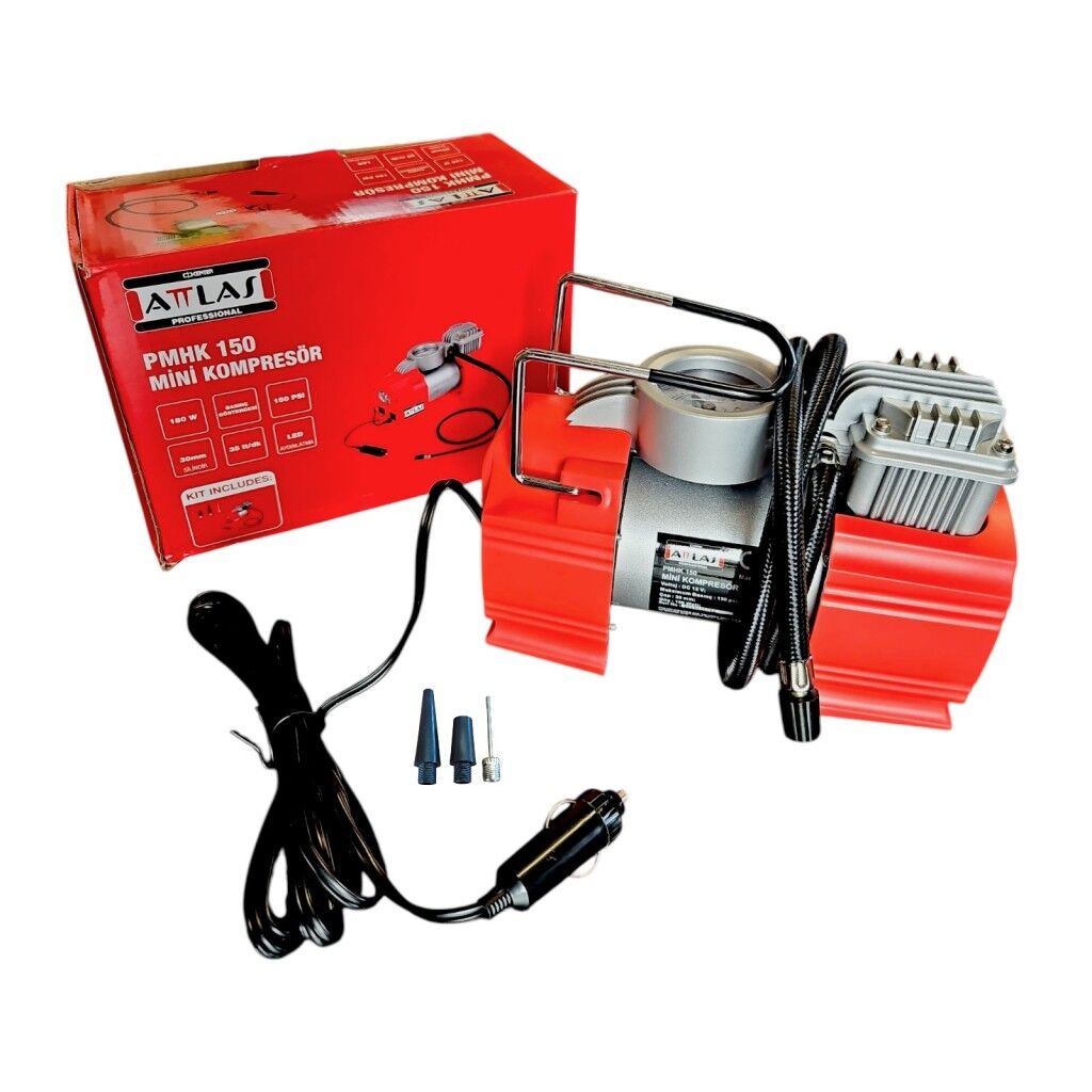 ATTLAS PMHK 150 Mini Kompresör – Taşınabilir Hava Kompresörü, Lastik & Top Şişirme, LED Işıklı, Aksesuar Setli