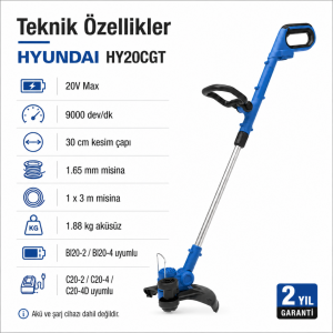 Hyundai HY20CGT 20V Akülü Ot Biçme ve Çim Kenar Kesme Makinesi Akü ve Şarj Cihazı Hariç