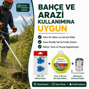Tırpan Örümcek Başlık Orac 3.30 mm 46 mt Altı Köşe Misina ve ITAL Misina Kesici 2’li Set