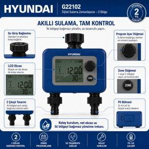 Hyundai G22102 Dijital Sulama Zamanlayıcısı 2 Bölge 2 Çıkışlı Bahçe Sulama Timer