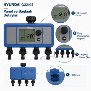 Hyundai G22104 Dijital Sulama Zamanlayıcısı 4 Bölge 4 Çıkışlı Bahçe Sulama Timer