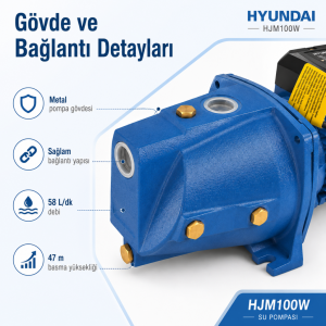 Hyundai HJM100W Elektrikli Su Pompası 1 HP 750 W 58 L/dk 47 m Basma Yüksekliği