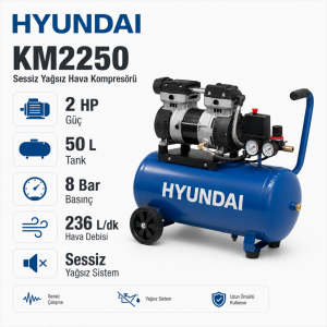Hyundai KM2250 Sessiz Yağsız Hava Kompresörü 50 Litre 2 HP 8 Bar