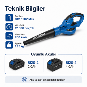Hyundai HY20CB 20V Max Akülü Üfleme Cihazı 200 km/s Hava Hızı Akü ve Şarj Cihazı Hariç