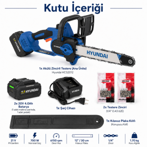 Hyundai HCS2012 21V Akülü Zincirli Testere 2x4.0Ah Bataryalı 12 İnç 700W