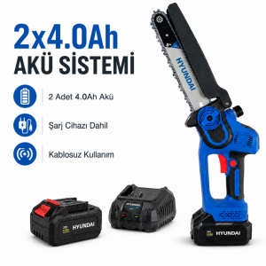 Hyundai HCS198A 20V Akülü Zincirli Testere 2x4.0Ah Bataryalı 8 İnç 650W