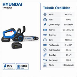 Hyundai HYC201LI 20V Akülü Zincirli Testere 2x4.0Ah Bataryalı 12 İnç