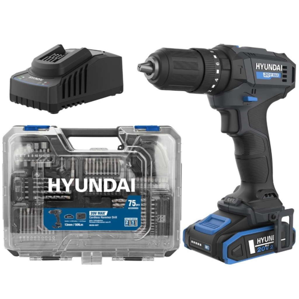 Hyundai HD20S-50TT Akülü Darbeli Matkap 20V 50Nm 13mm 2 Vites LED 75 Parça Set