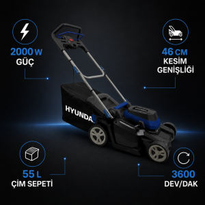 Hyundai C4608A 2000W 46 cm Elektrikli Çim Biçme Makinesi 55 L İtmeli