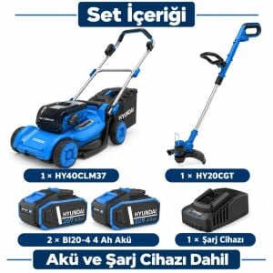 Hyundai 37 cm Akülü Çim Biçme ve Kenar Kesme Seti HY40CLM37 + HY20CGT 2x4 Ah Akü ve Şarj Dahil