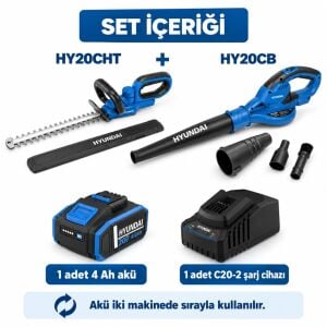 Hyundai HY20CHT + HY20CB Akülü Çit Budama ve Üfleme Seti 4 Ah Akü ve Şarj Dahil
