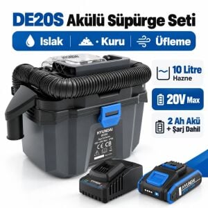 Hyundai DE20S 20V Akülü Islak Kuru Süpürge Seti 10 Litre HEPA Filtre 2 Ah Akü ve Şarj Dahil