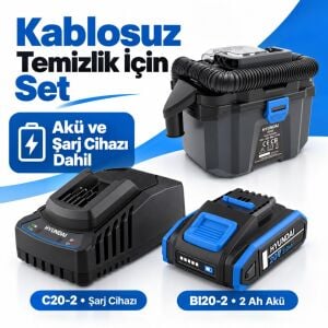 Hyundai DE20S 20V Akülü Islak Kuru Süpürge Seti 10 Litre HEPA Filtre 2 Ah Akü ve Şarj Dahil