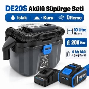 Hyundai DE20S 20V Akülü Islak Kuru Süpürge Seti 10 Litre HEPA Filtre 4 Ah Akü ve Şarj Dahil