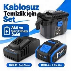 Hyundai DE20S 20V Akülü Islak Kuru Süpürge Seti 10 Litre HEPA Filtre 4 Ah Akü ve Şarj Dahil