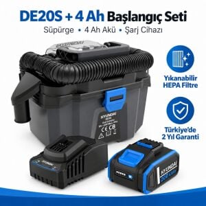 Hyundai DE20S 20V Akülü Islak Kuru Süpürge Seti 10 Litre HEPA Filtre 4 Ah Akü ve Şarj Dahil