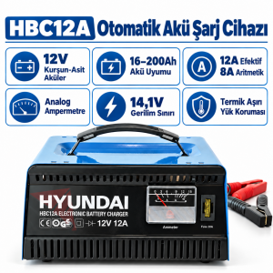 Hyundai HBC12A 12V 12A Otomatik Akü Şarj Cihazı 16–200Ah Ampermetreli