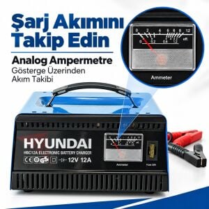 Hyundai HBC12A 12V 12A Otomatik Akü Şarj Cihazı 16–200Ah Ampermetreli