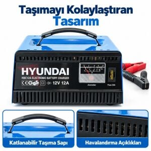 Hyundai HBC12A 12V 12A Otomatik Akü Şarj Cihazı 16–200Ah Ampermetreli