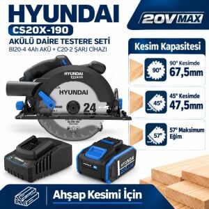 Hyundai CS20X-190 20V Kömürsüz Akülü Daire Testere Seti 190mm 4Ah Akü ve Şarj Dahil