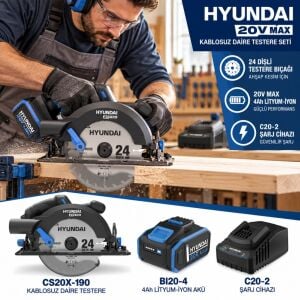Hyundai CS20X-190 20V Kömürsüz Akülü Daire Testere Seti 190mm 4Ah Akü ve Şarj Dahil