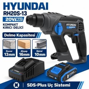 Hyundai RH20S-13 20V Akülü Kırıcı Delici Seti 1,3J SDS-Plus 2Ah Akü ve Şarj Dahil