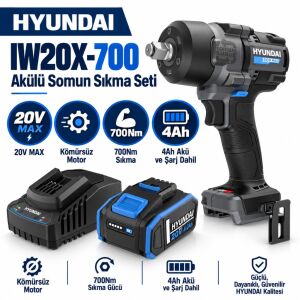 Hyundai IW20X-700 20V Kömürsüz Darbeli Somun Sıkma Seti 700Nm 4Ah Akü ve Şarj Dahil