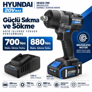 Hyundai IW20X-700 20V Kömürsüz Darbeli Somun Sıkma Seti 700Nm 4Ah Akü ve Şarj Dahil