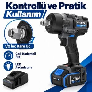 Hyundai IW20X-700 20V Kömürsüz Darbeli Somun Sıkma Seti 700Nm 4Ah Akü ve Şarj Dahil