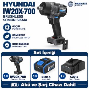 Hyundai IW20X-700 20V Kömürsüz Darbeli Somun Sıkma Seti 700Nm 4Ah Akü ve Şarj Dahil