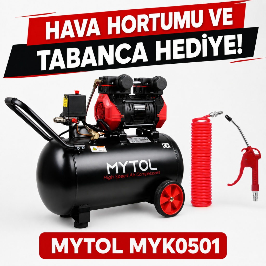 MYTOL MYK0501 50 Lt Yağsız Kompresör 1,5 HP 8 Bar Hortum ve Tabanca Hediyeli
