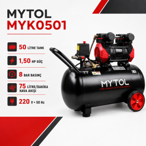 MYTOL MYK0501 50 Lt Yağsız Kompresör 1,5 HP 8 Bar Hortum ve Tabanca Hediyeli