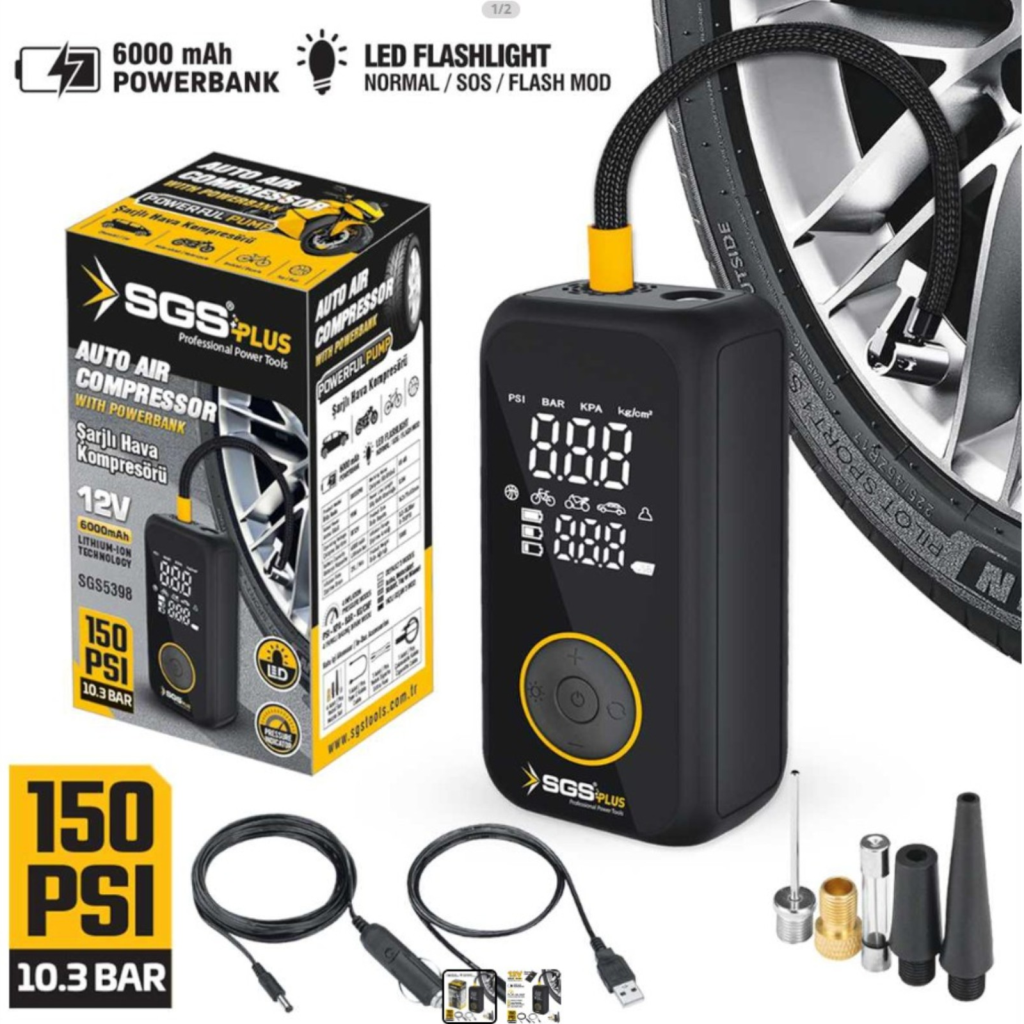 SGS SGS5398 Şarjlı Hava Kompresörü 12V 6000mAh 150 PSI Powerbank LED Dijital Manometre