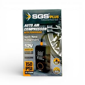 SGS SGS5398 Şarjlı Hava Kompresörü 12V 6000mAh 150 PSI Powerbank LED Dijital Manometre