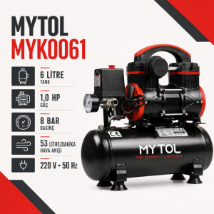 MYTOL MYK0061 6 Litre 1 HP Yağsız Taşınabilir Hava Kompresörü 8 Bar