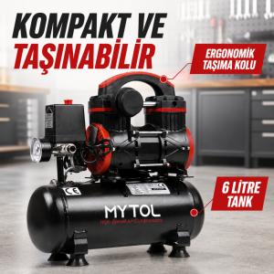 MYTOL MYK0061 6 Litre 1 HP Yağsız Taşınabilir Hava Kompresörü 8 Bar