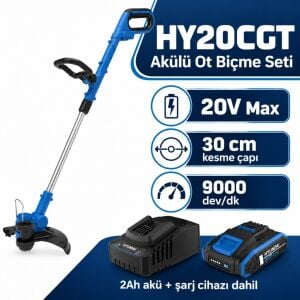 Hyundai HY20CGT 20V Akülü Ot Biçme ve Çim Kenar Kesme Seti 30 cm 2Ah Akü ve Şarj Dahil