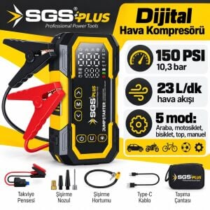 SGS 5399 16,8V 12000 mAh 4’ü 1 Arada Dijital Hava Kompresörü ve Akü Takviye Cihazı 150 PSI