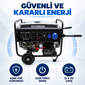 Hyundai HHY10000EAS 8,5 kW / 10,6 kVA Benzinli Jeneratör – Marşlı, Monofaze, Otomatik ATS’li