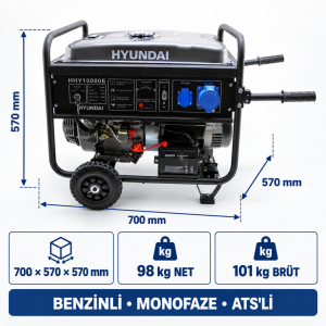 Hyundai HHY10000EAS 8,5 kW / 10,6 kVA Benzinli Jeneratör – Marşlı, Monofaze, Otomatik ATS’li