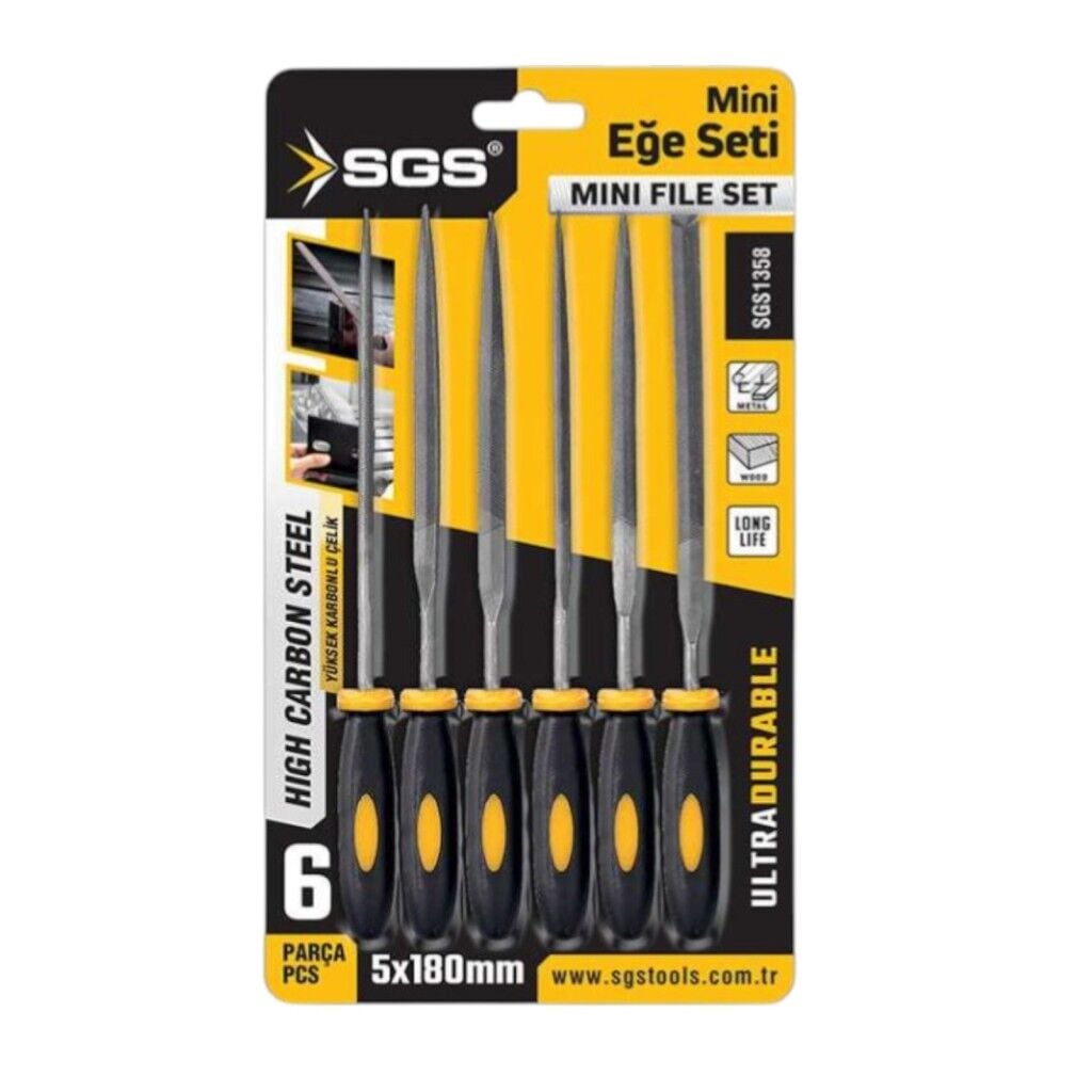 SGS Mini Eğe Seti 6 Parça 5x180 mm Yüksek Karbon Çelik – Düz/Kare/Oval/Üçgen/Yuvarlak