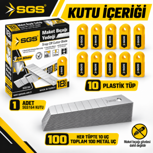 SGS SGS164 18 mm Maket Bıçağı Yedeği 0,50 mm – 10 Paket 100 Adet Metal Uç Kutu