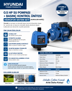 Hyundai 0.5 HP Su Pompası + Basınç Kontrol Ünitesi Seti – Hidrofor Sistemi (Kurulum Hariç)