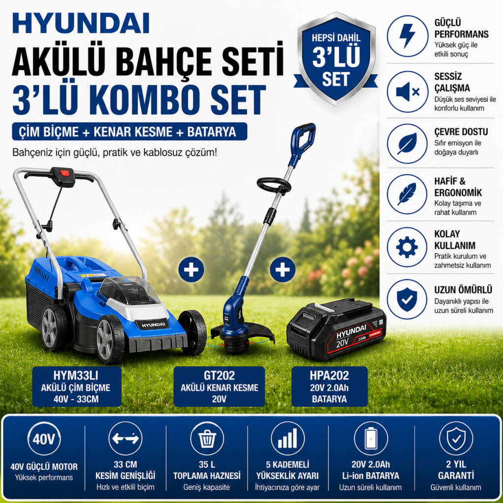 Hyundai Akülü Bahçe Seti 40V Çim Biçme + 20V Kenar Kesme + 2.0Ah Batarya Profesyonel Set