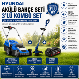 Hyundai Akülü Bahçe Seti 40V Çim Biçme + 20V Kenar Kesme + 2.0Ah Batarya Profesyonel Set