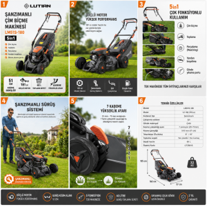 Lutian LM51S-180 Şanzımanlı Benzinli Çim Biçme Makinesi 51 cm 5in1