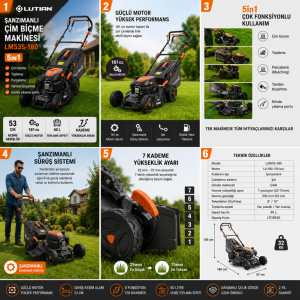 Lutian LM53S-180 Şanzımanlı Benzinli Çim Biçme Makinesi 53 cm 5in1