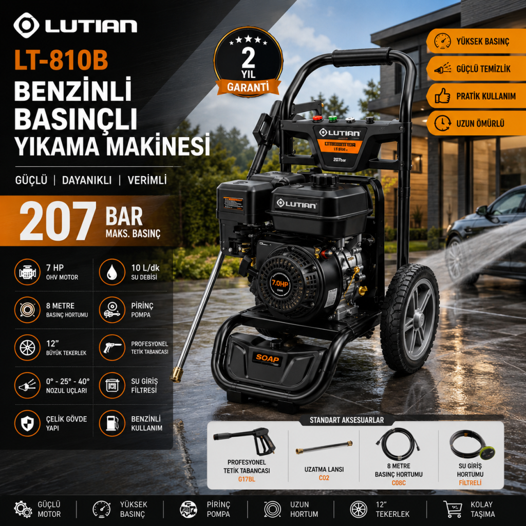 Lutian LT-810B Benzinli Basınçlı Yıkama Makinesi 207 Bar 7 HP Profesyonel Yıkama Makinası