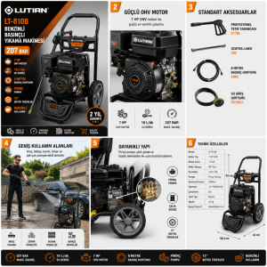 Lutian LT-810B Benzinli Basınçlı Yıkama Makinesi 207 Bar 7 HP Profesyonel Yıkama Makinası