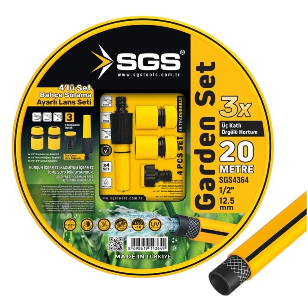 SGS SGS4364 Bahçe Sulama Hortumu Seti 20 Metre 1/2’’ Örgülü Hortum 4’lü Ayarlı Lans Seti